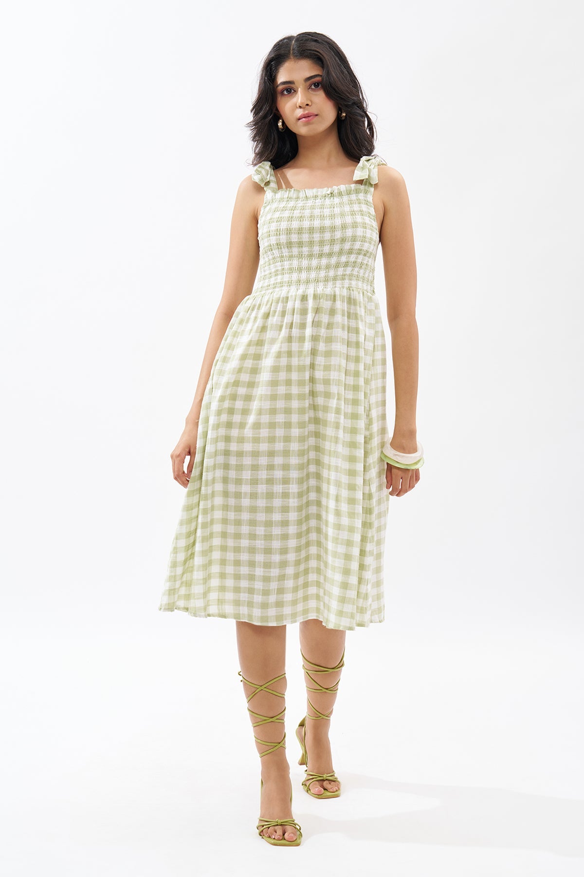 Sage Green Sleeveless Checked Dress