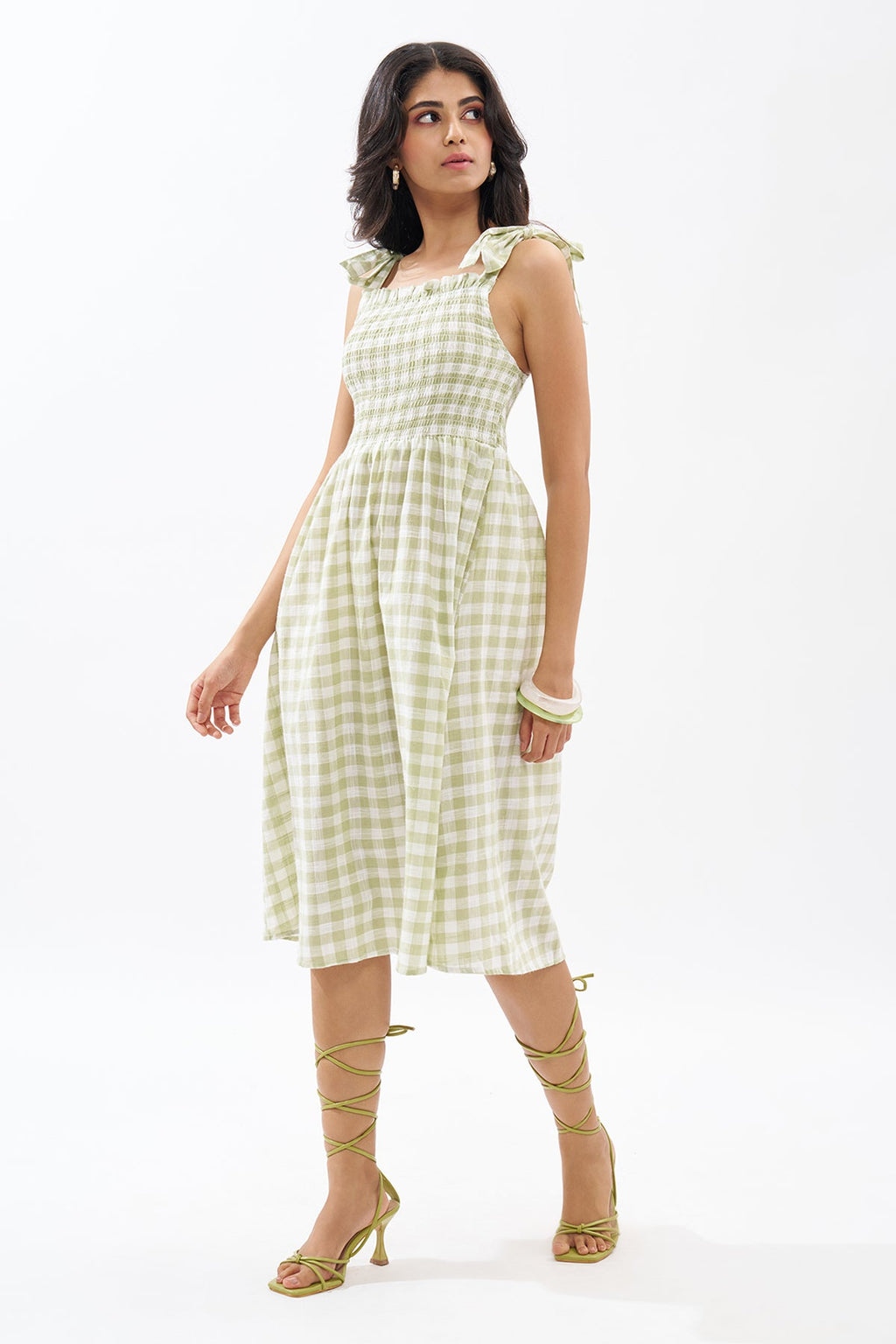 Sage Green Sleeveless Checked Dress