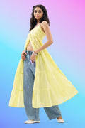 Yellow Sleeveless Seersucker Tiered Dress