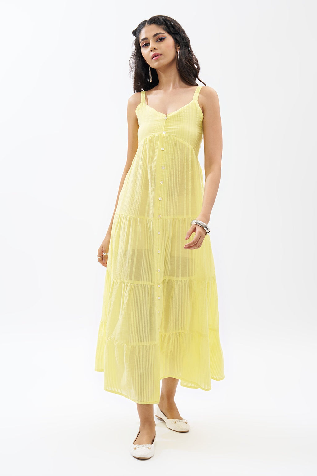 Yellow Sleeveless Seersucker Tiered Dress