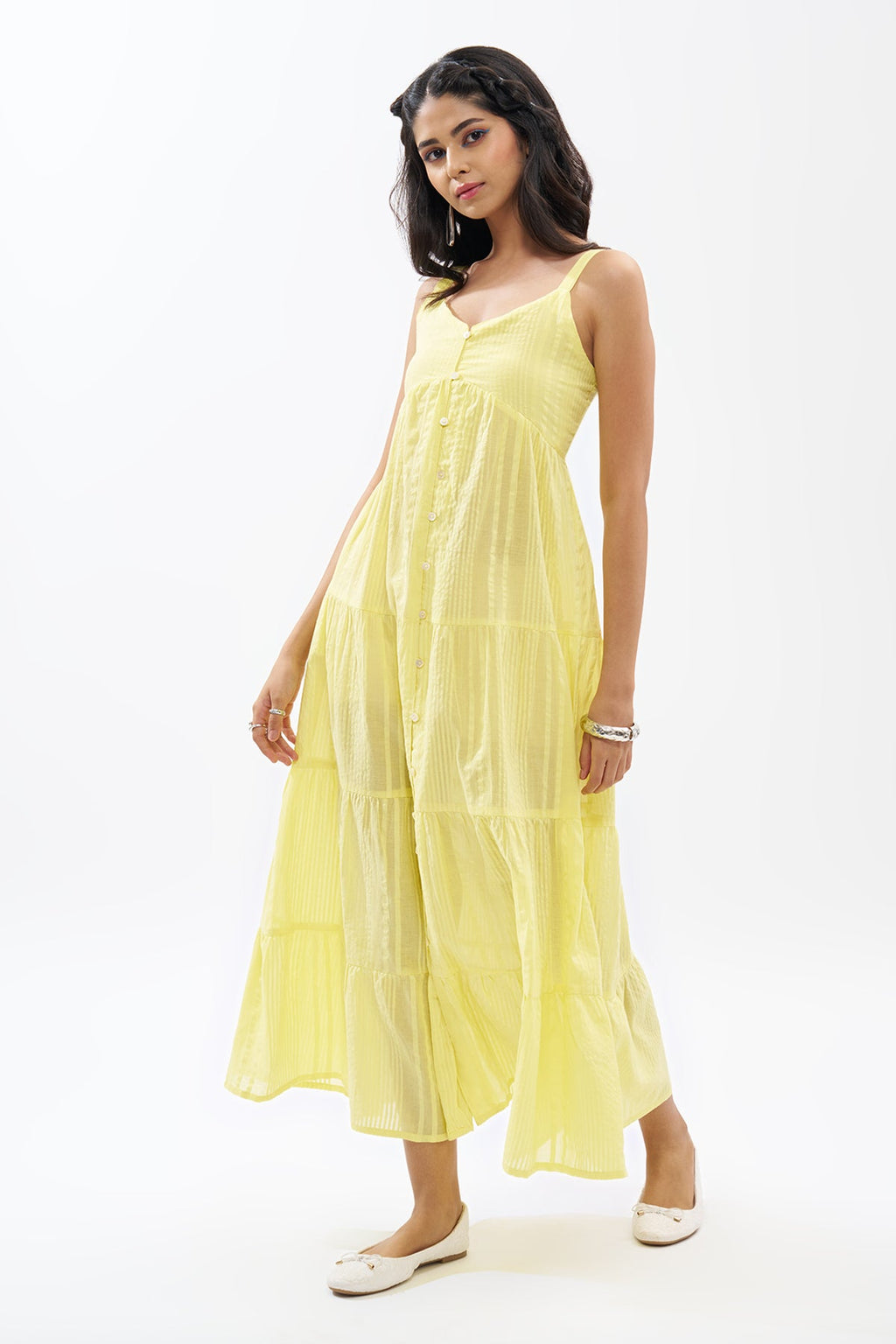 Yellow Sleeveless Seersucker Tiered Dress