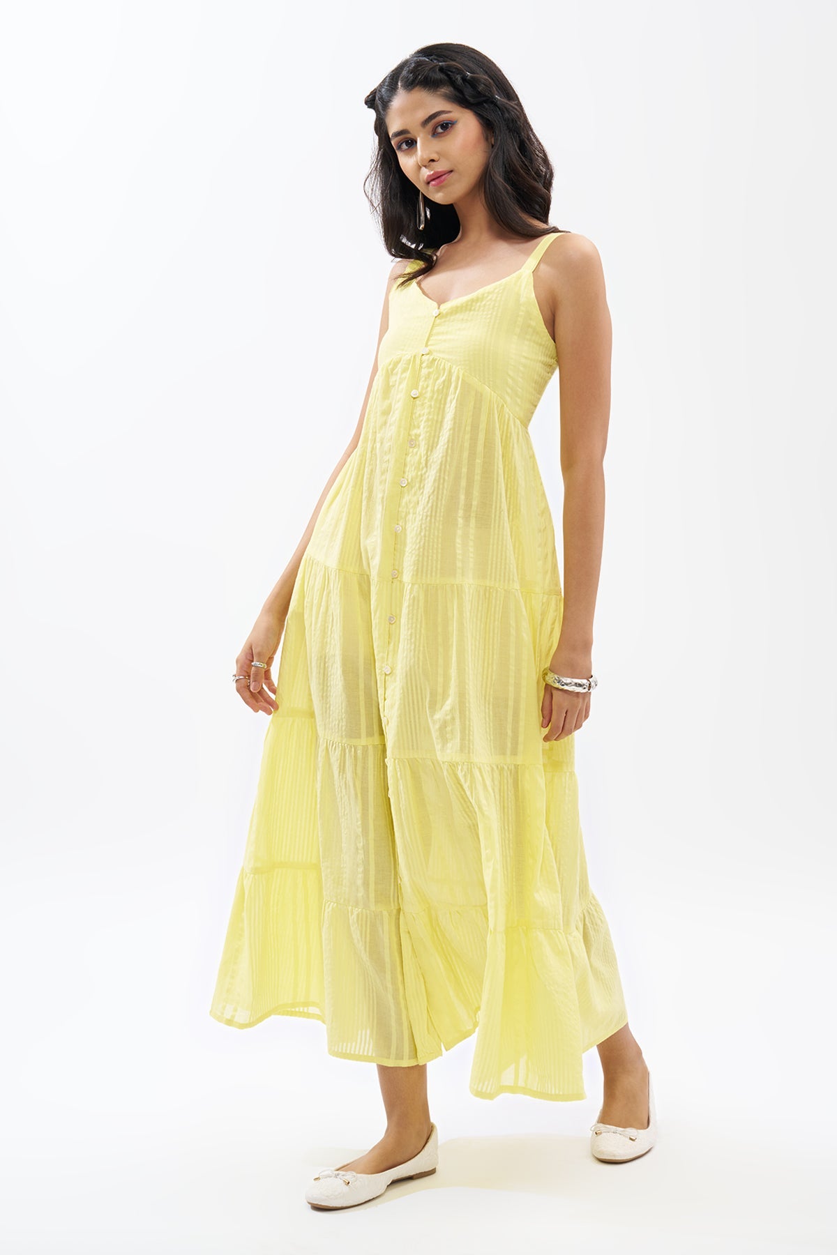 Yellow Sleeveless Seersucker Tiered Dress