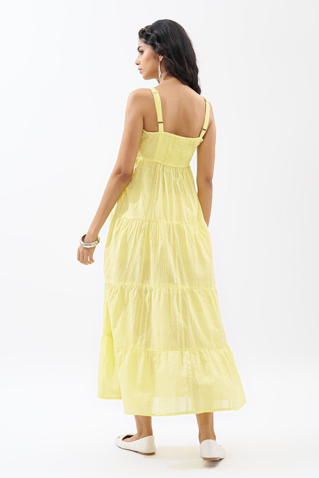 Yellow Sleeveless Seersucker Tiered Dress