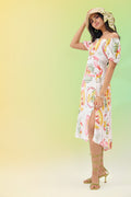 Pink Off-Shoulder Tropical Print Dress