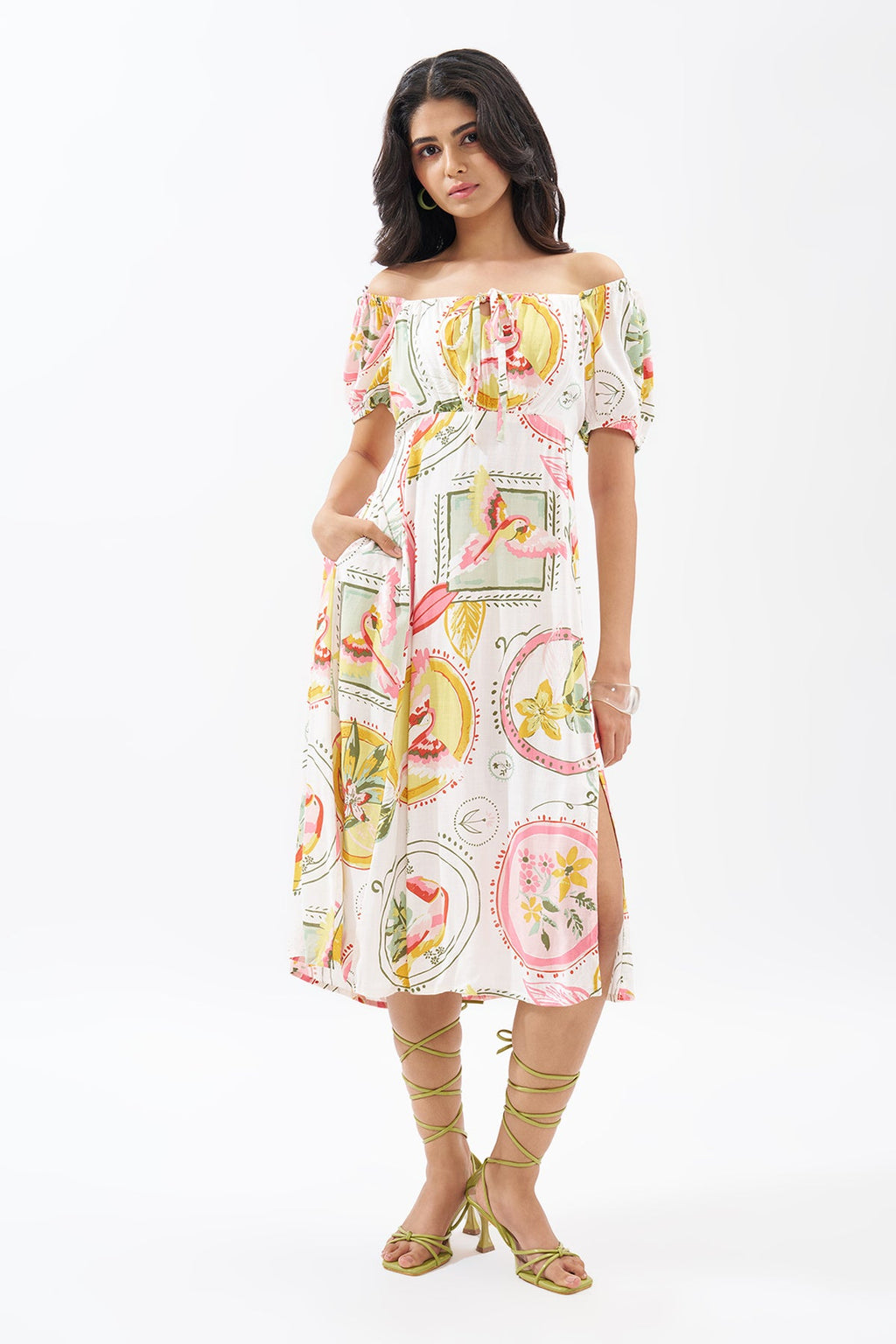 Pink Off-Shoulder Tropical Print Dress