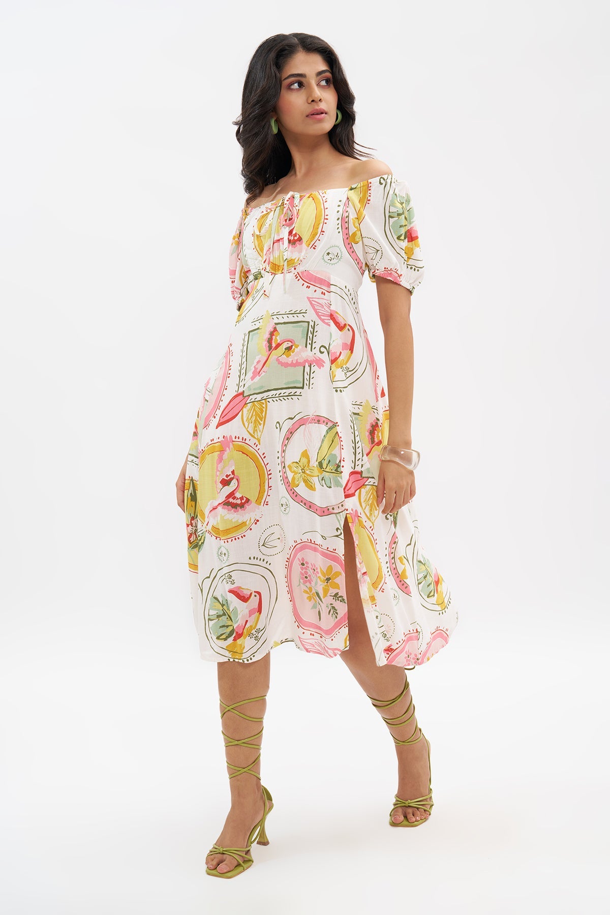 Pink Off-Shoulder Tropical Print Dress