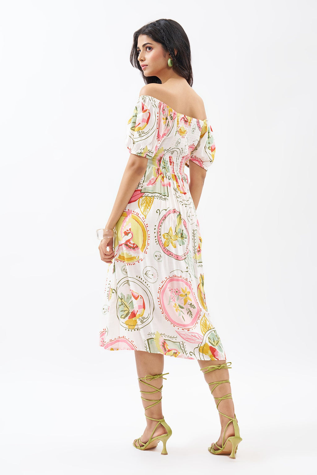 Pink Off-Shoulder Tropical Print Dress