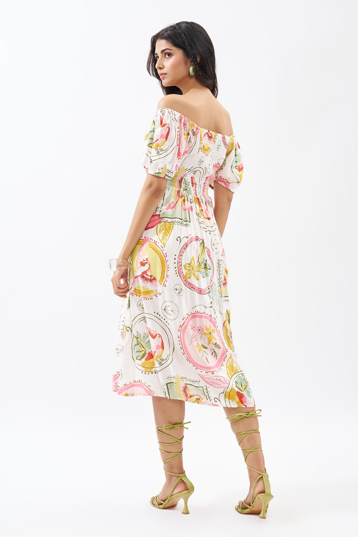Pink Off-Shoulder Tropical Print Dress