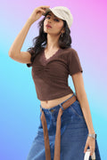 Brown Lace Trim Rib Knit Top