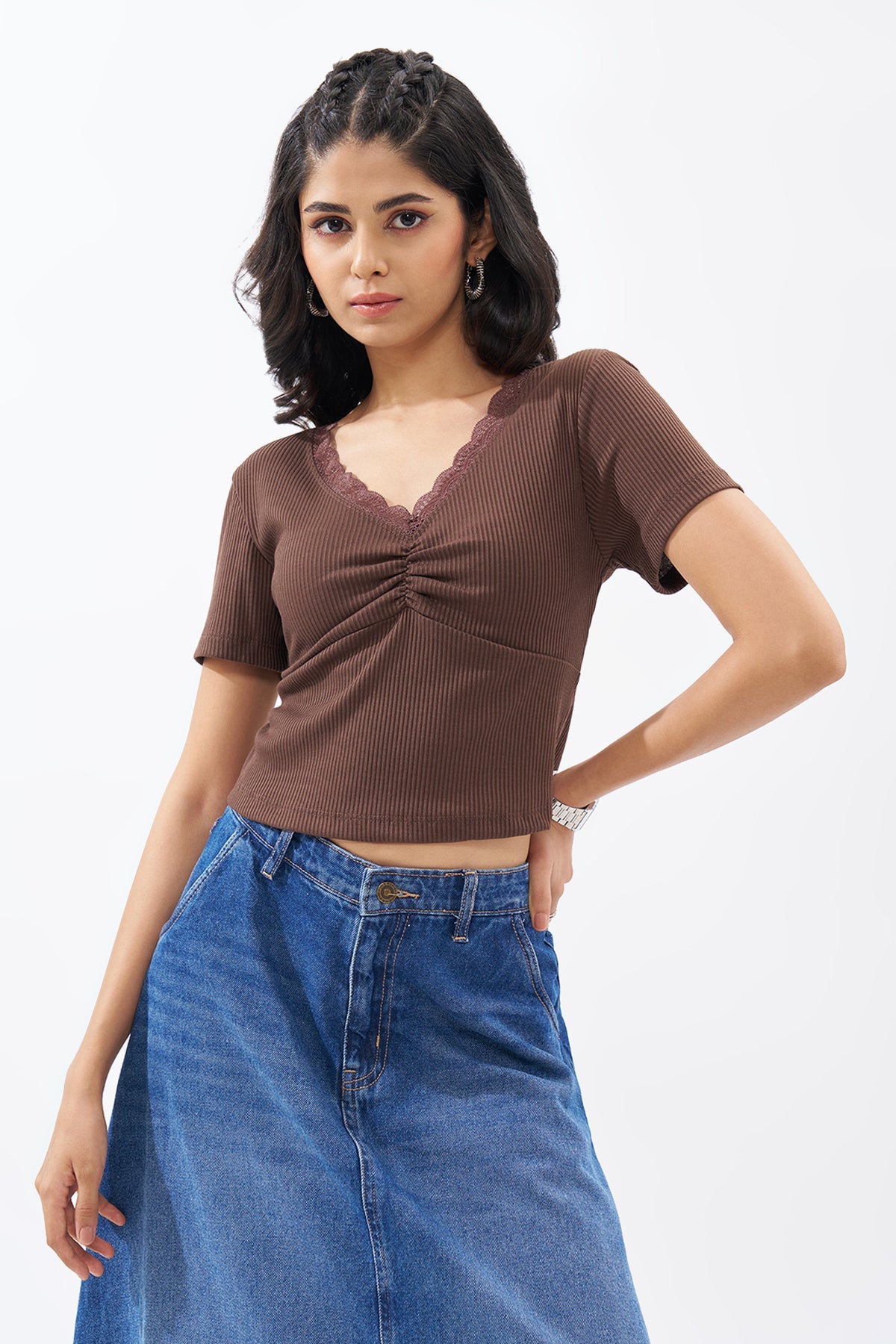 Brown Lace Trim Rib Knit Top