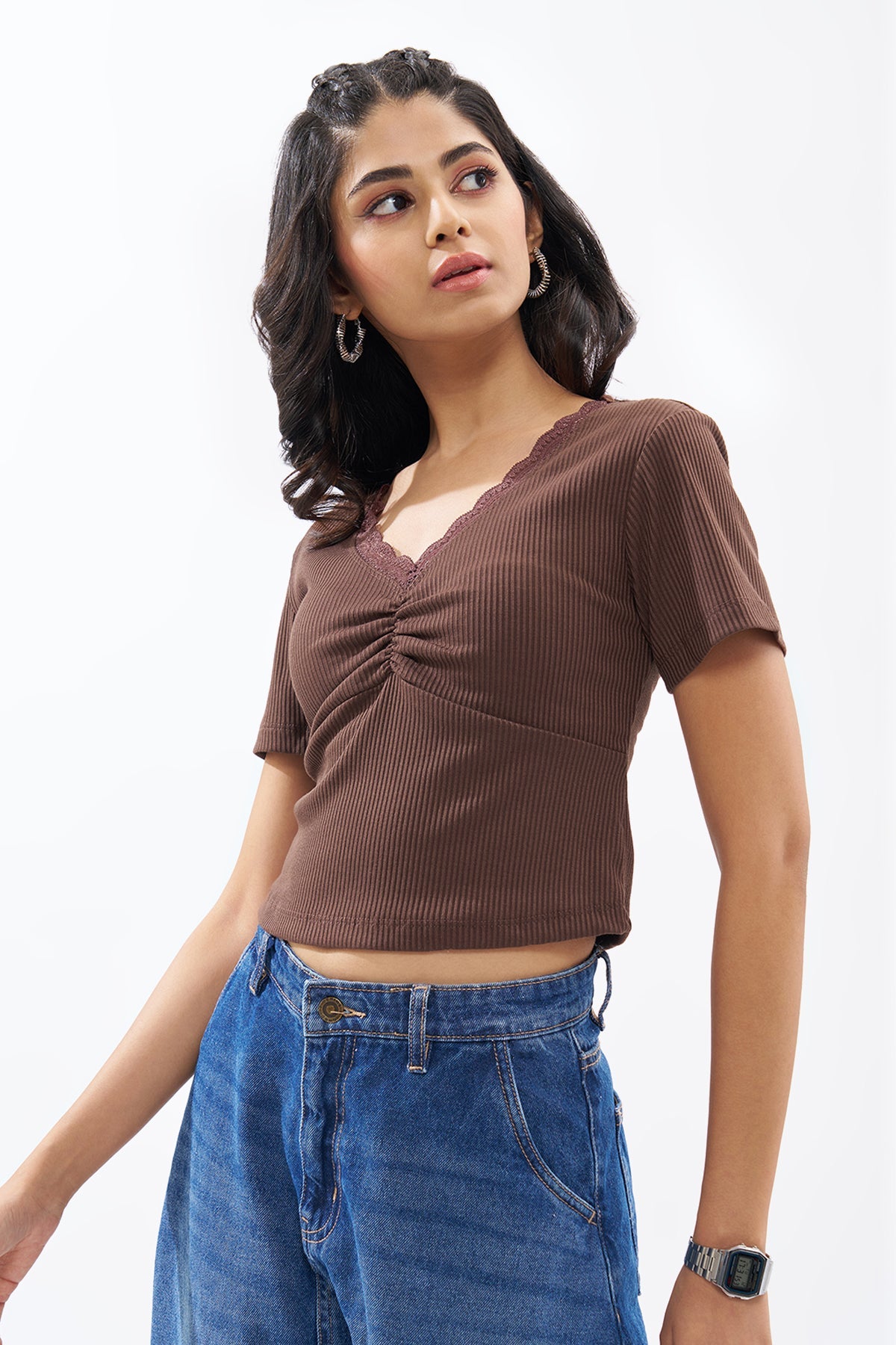 Brown Lace Trim Rib Knit Top