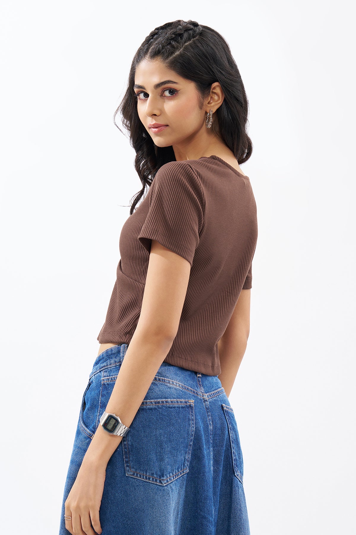 Brown Lace Trim Rib Knit Top