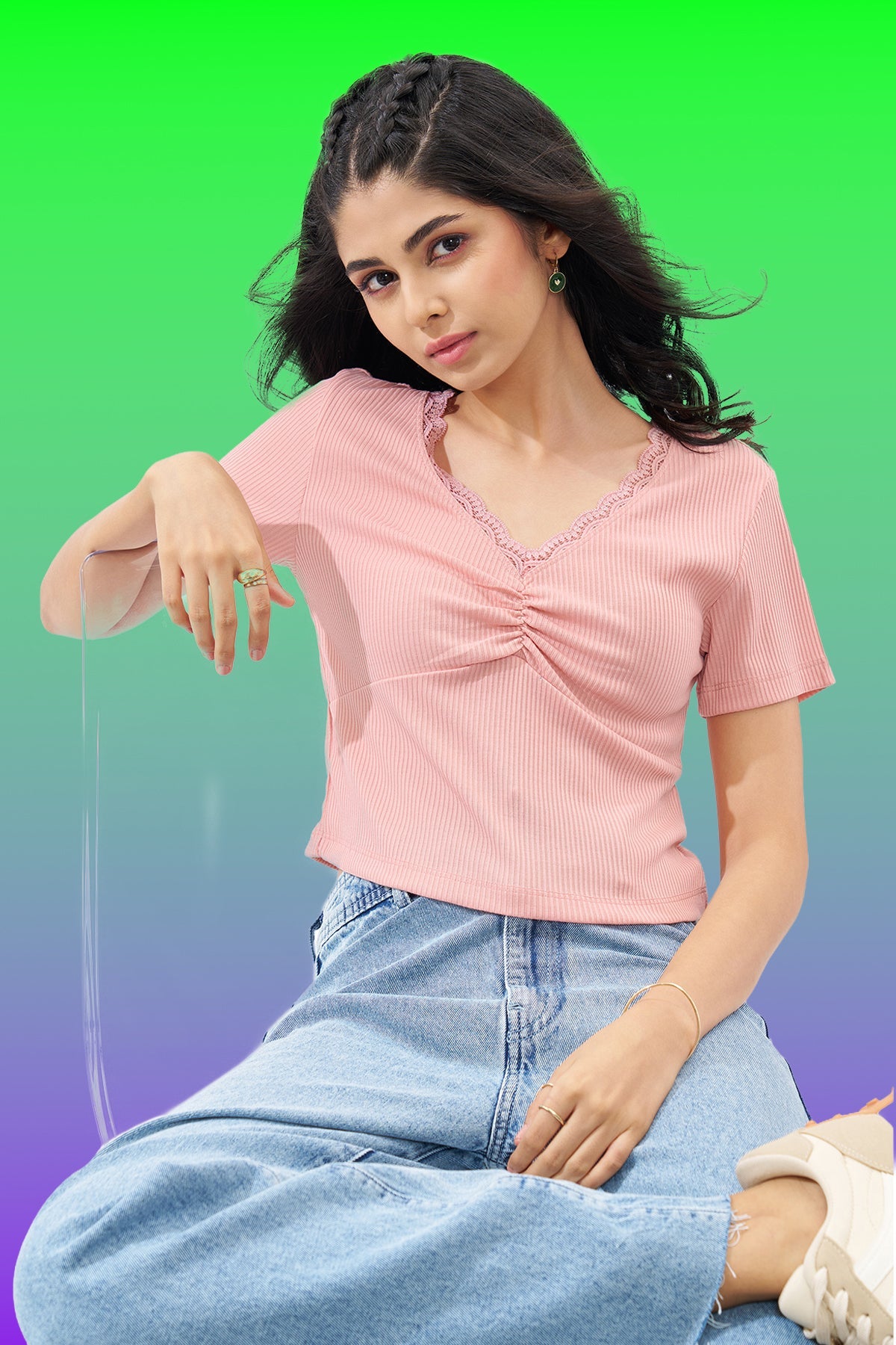 Pink Lace Trim Rib Knit Top