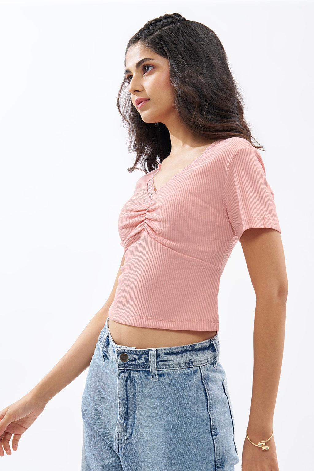 Pink Lace Trim Rib Knit Top