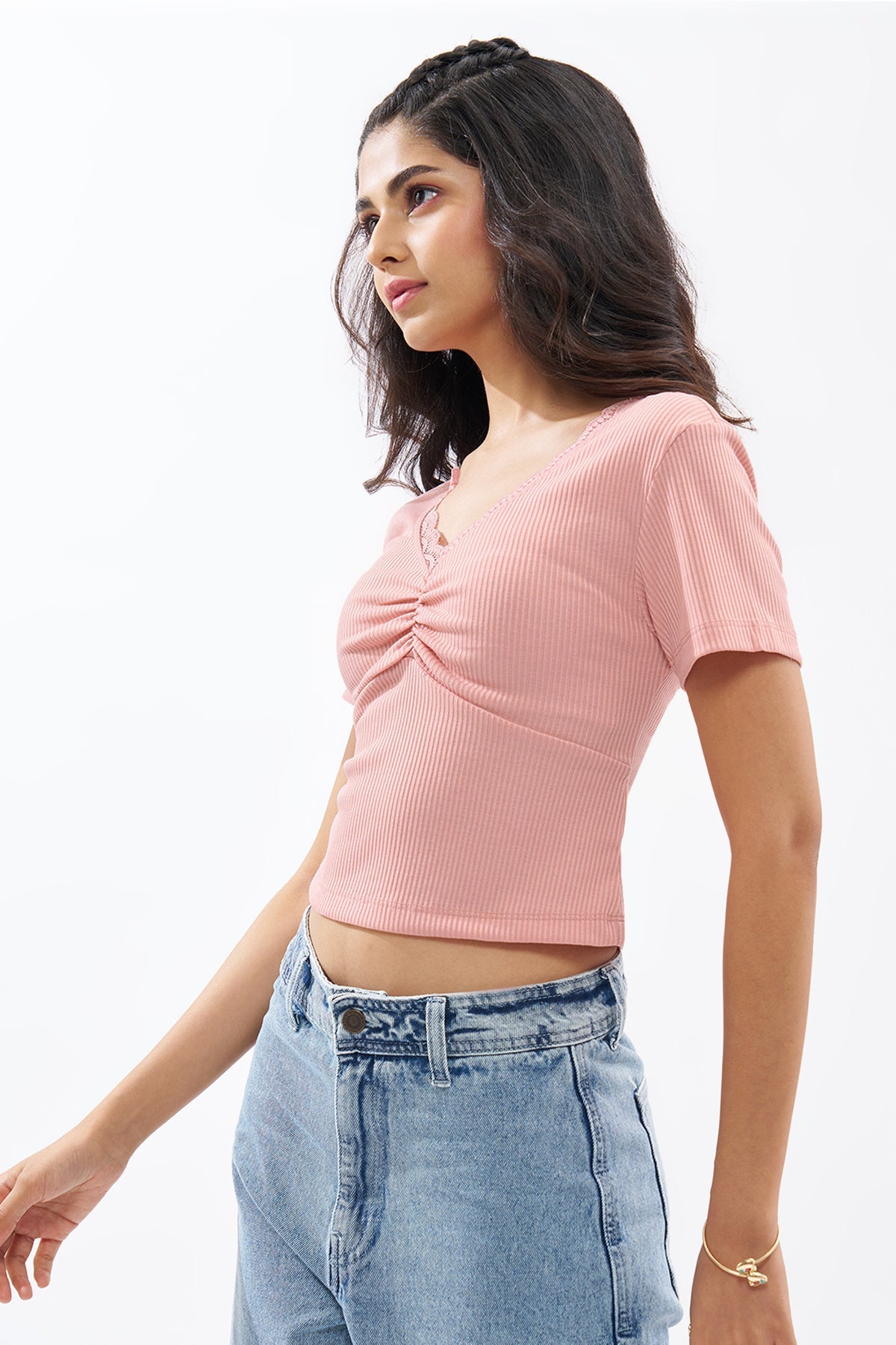 Pink Lace Trim Rib Knit Top