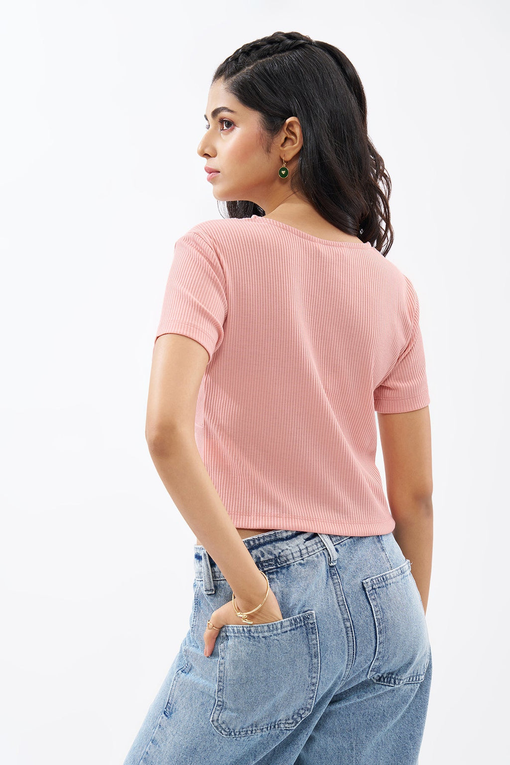 Pink Lace Trim Rib Knit Top