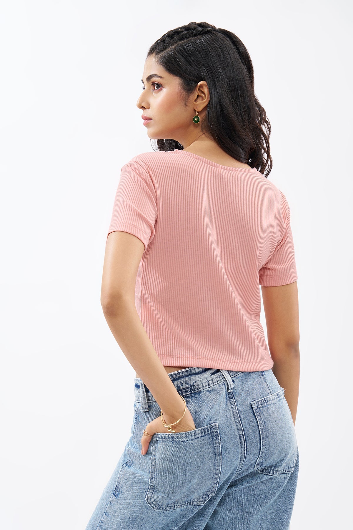 Pink Lace Trim Rib Knit Top