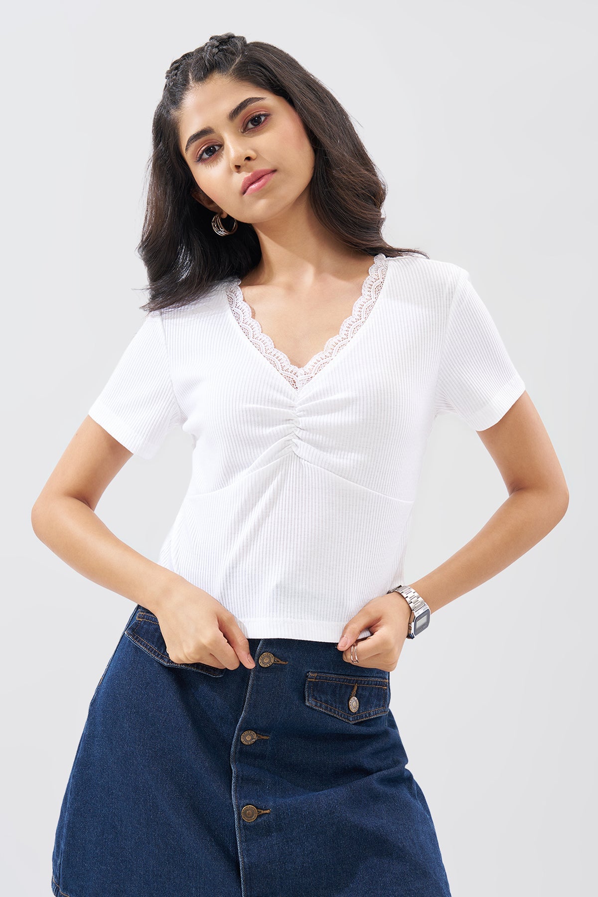 White Lace Trim Rib Knit Top