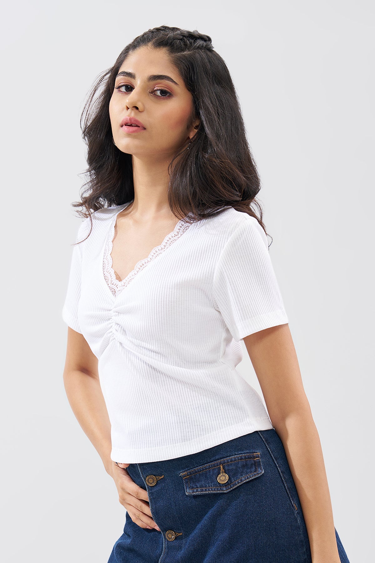 White Lace Trim Rib Knit Top