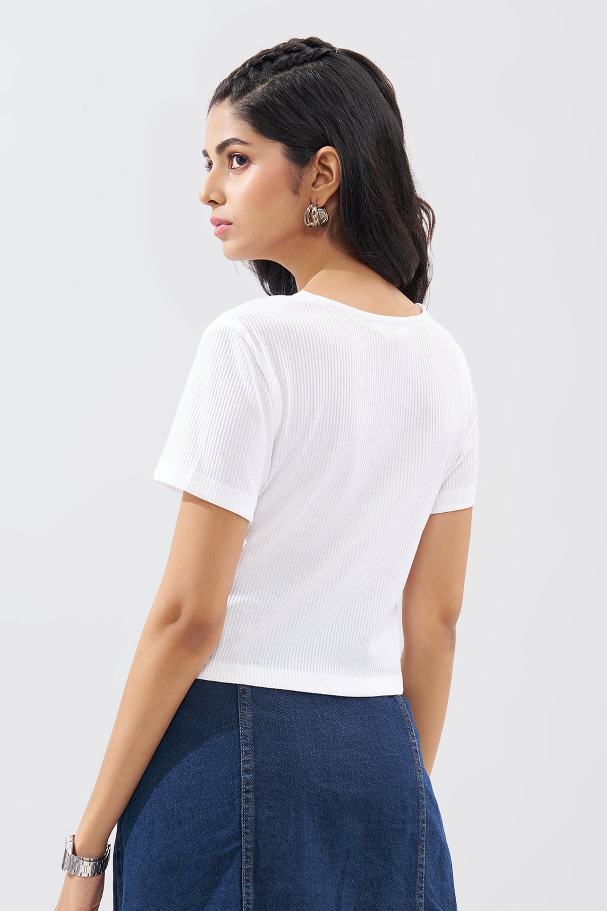 White Lace Trim Rib Knit Top