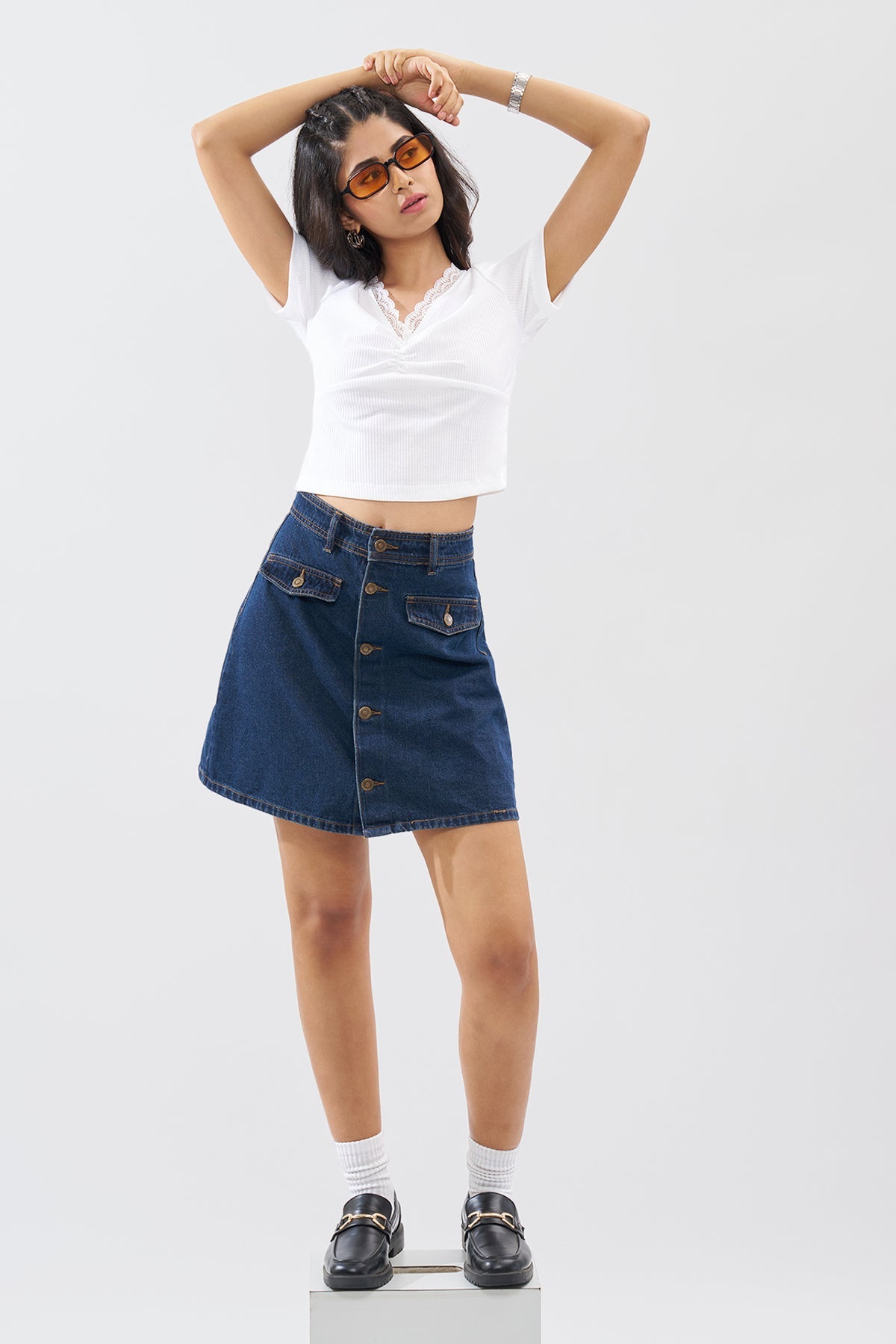 White Lace Trim Rib Knit Top