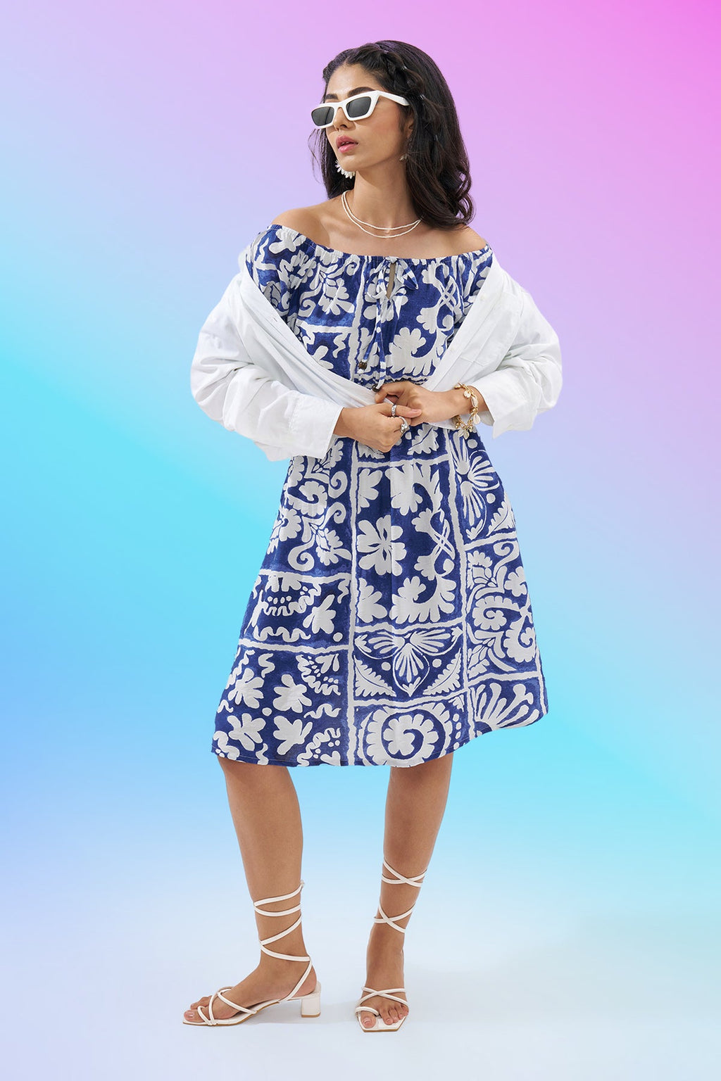 Blue Off-Shoulder Printed Dress