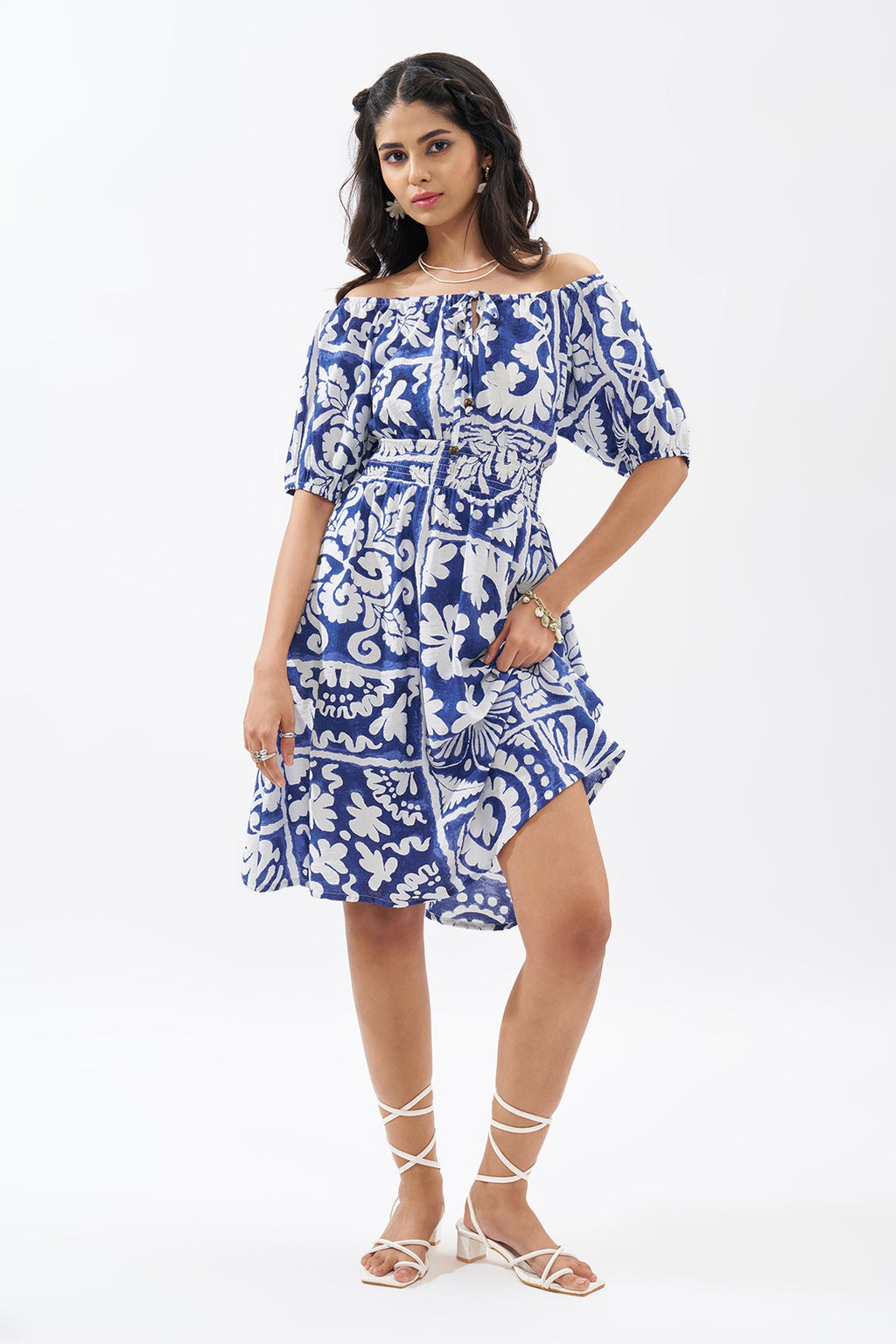 Blue Off-Shoulder Printed Dress