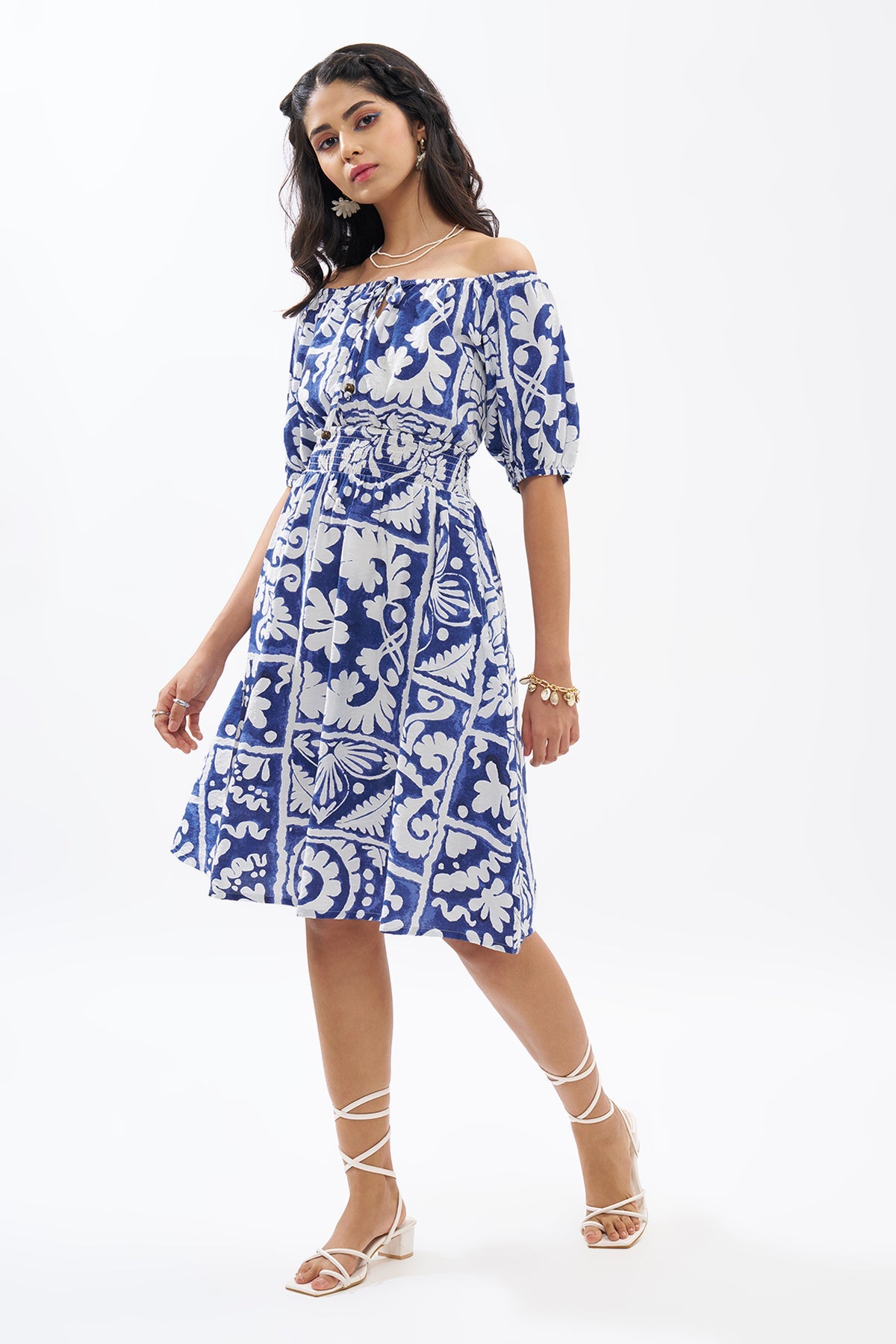 Blue Off-Shoulder Printed Dress