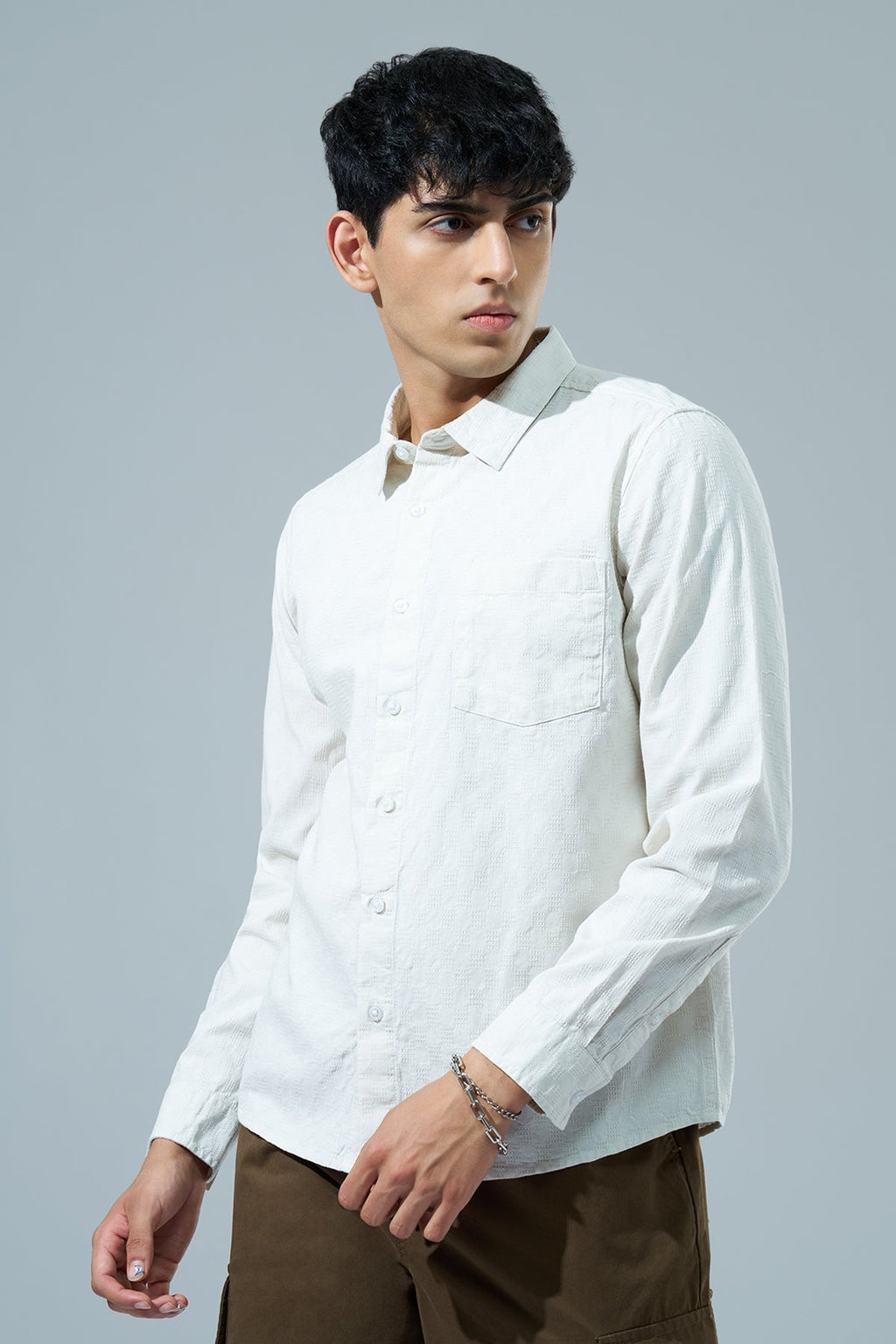 Off White Textured Regular Fit Casual Shirt