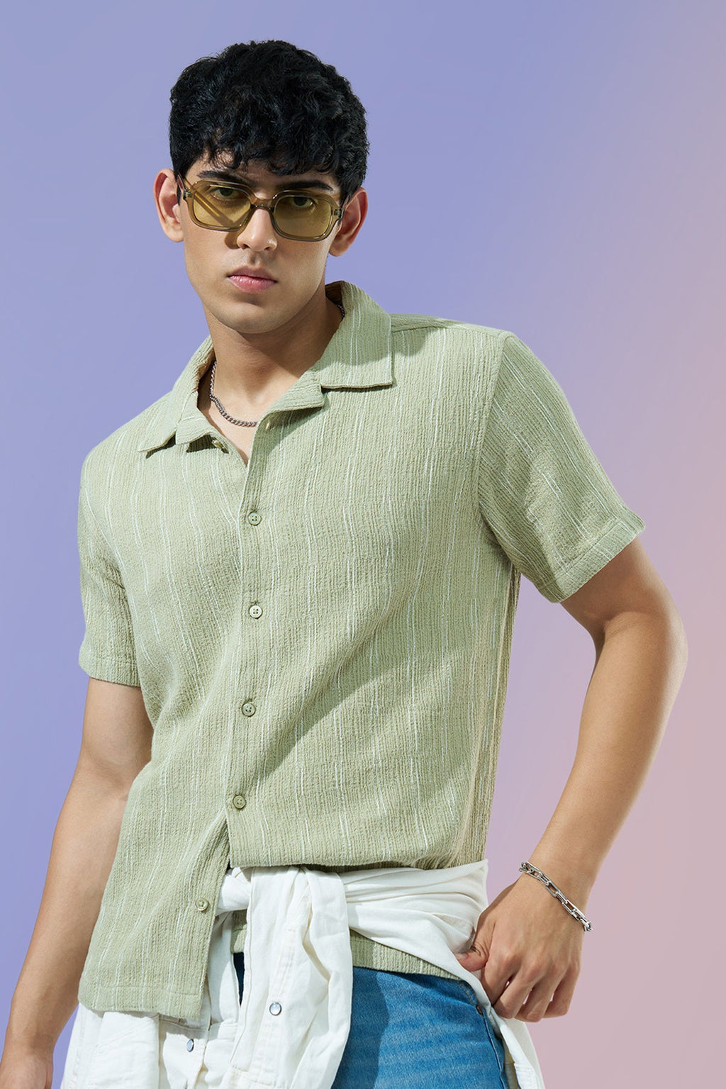 Green Striped Regular Fit Casual Shirt