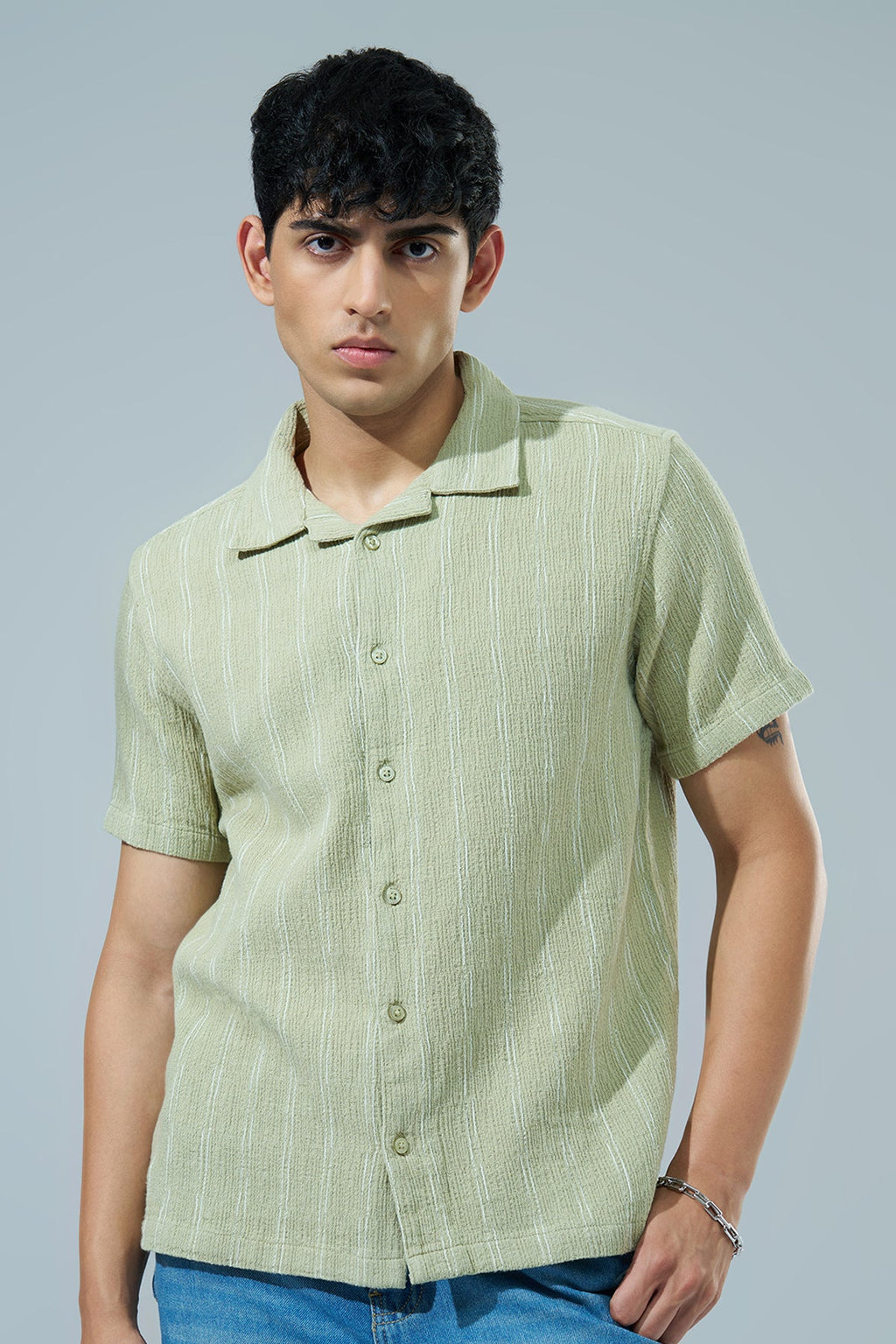 Green Striped Regular Fit Casual Shirt