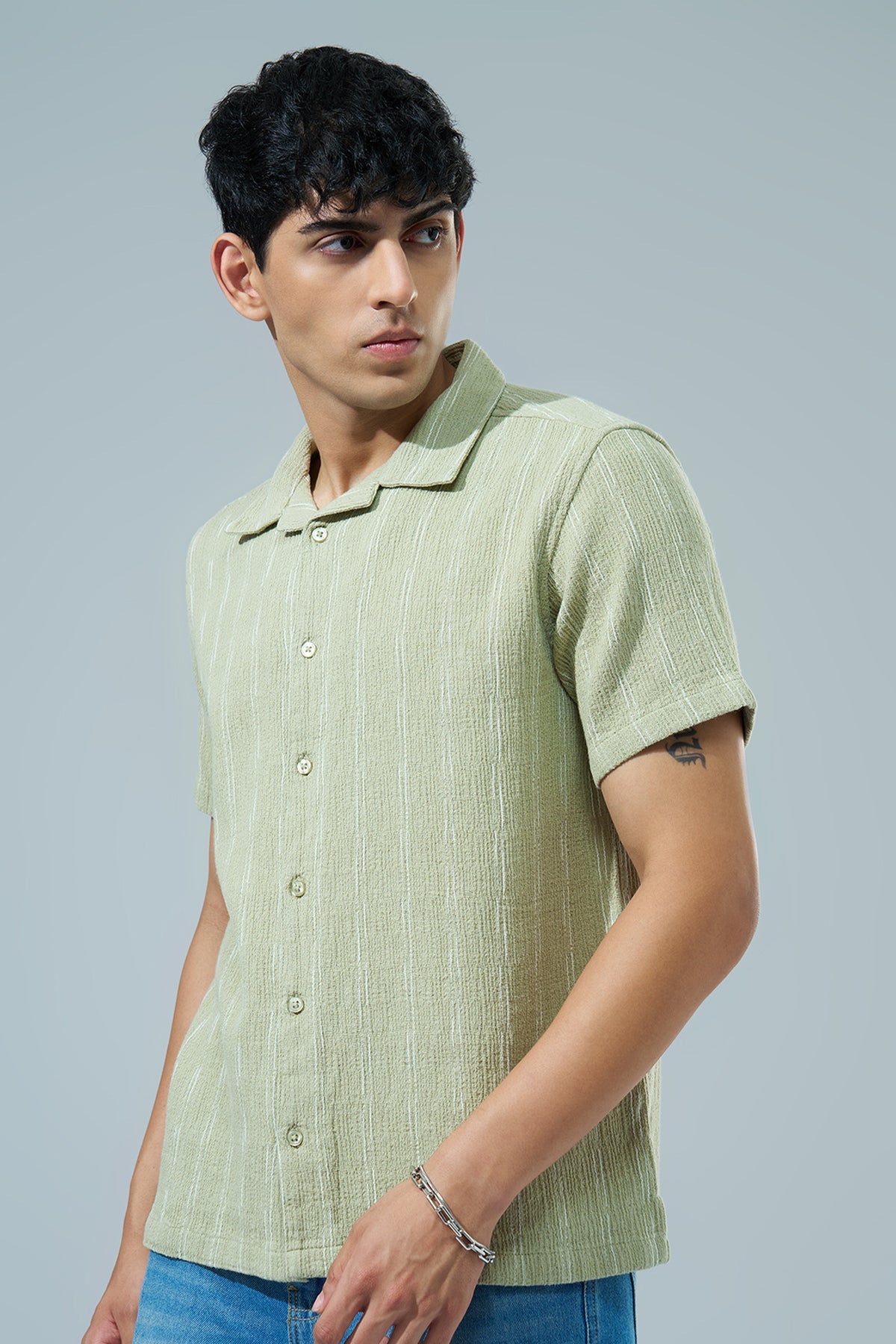 Green Striped Regular Fit Casual Shirt