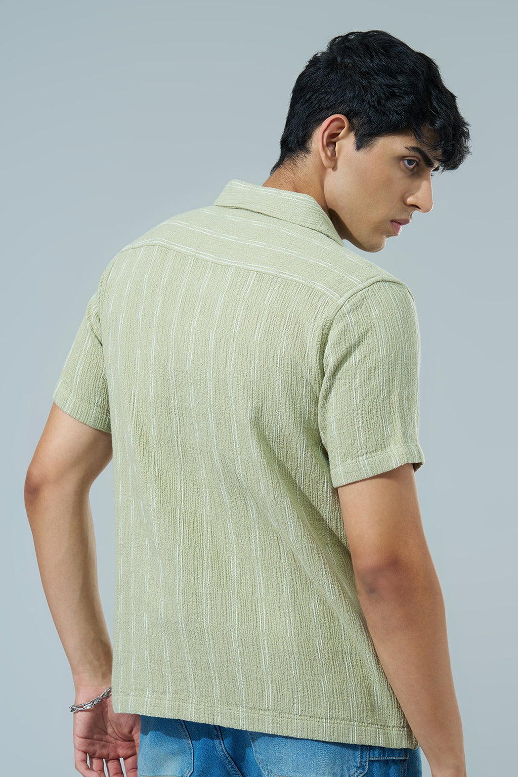 Green Striped Regular Fit Casual Shirt