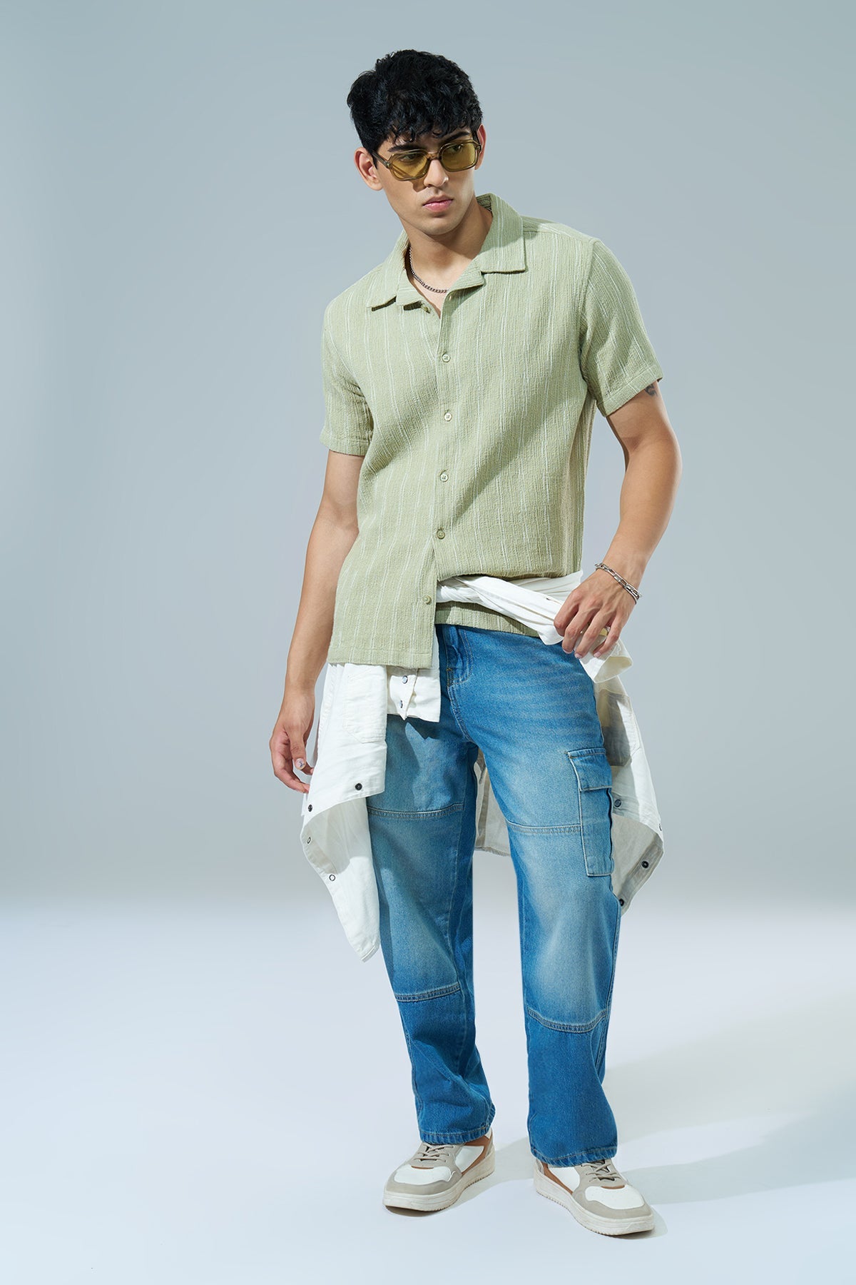 Green Striped Regular Fit Casual Shirt