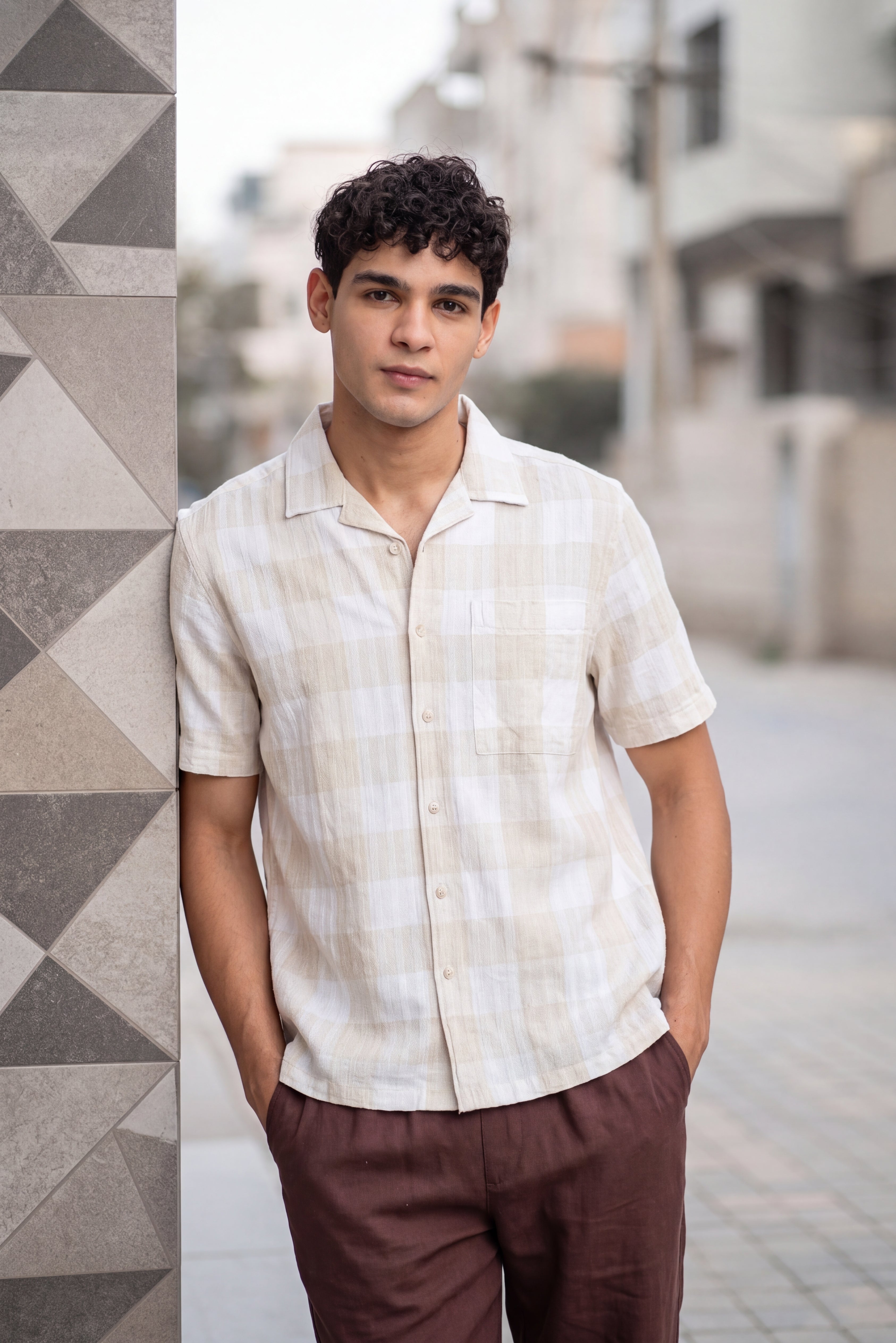 Beige Checkered Regular Fit Shirt