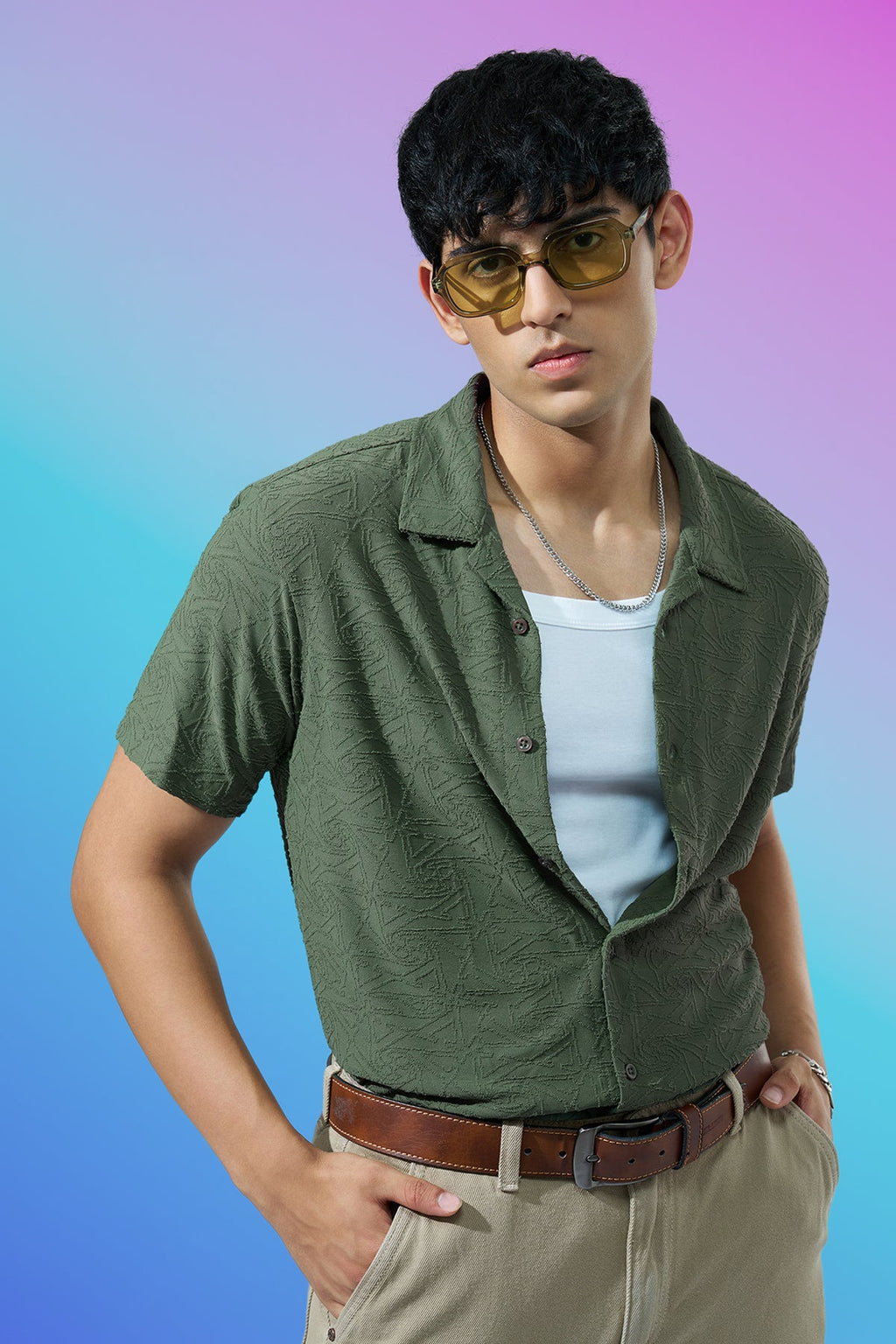 Olive Textured Regular Fit Casual Shirt