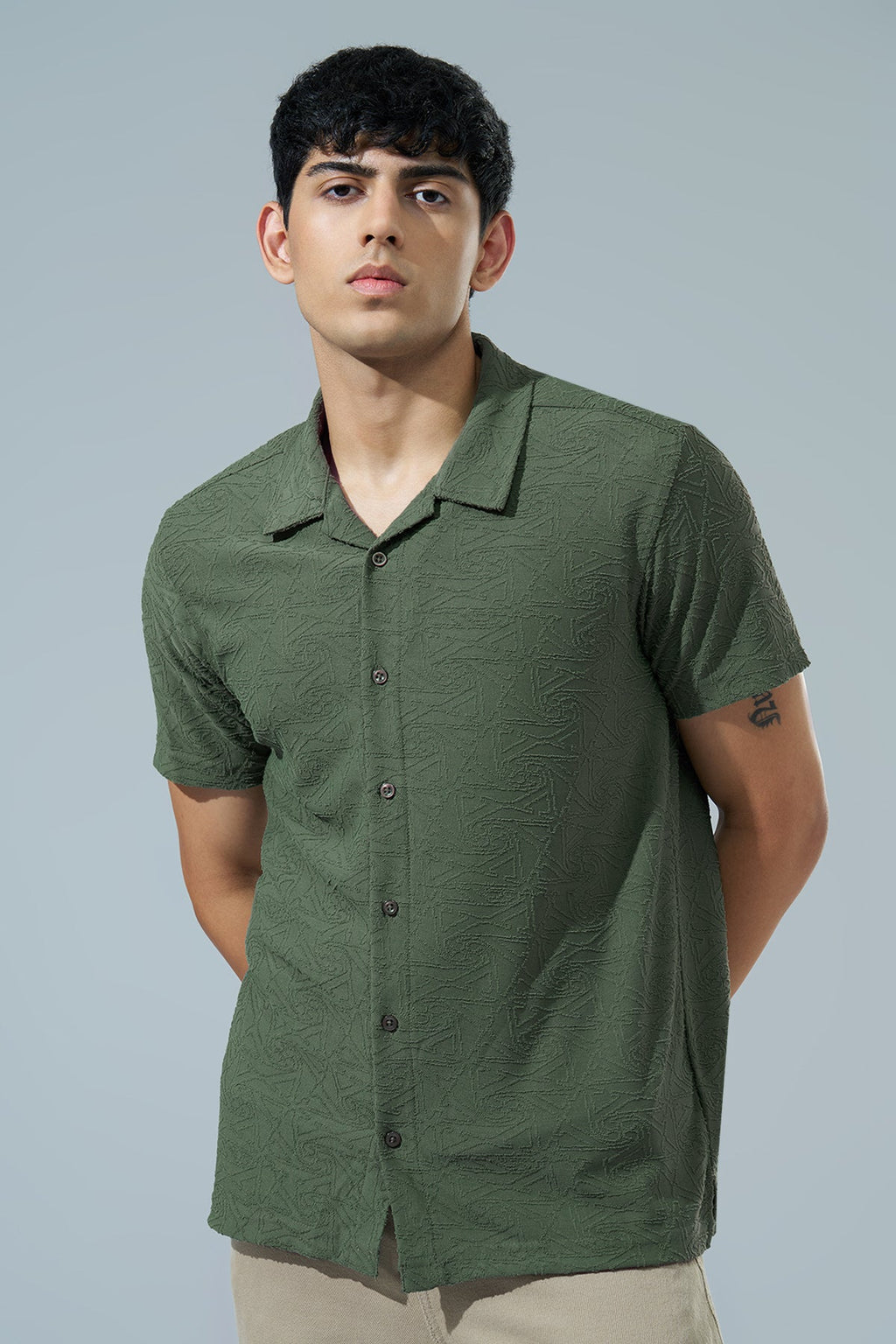 Olive Textured Regular Fit Casual Shirt