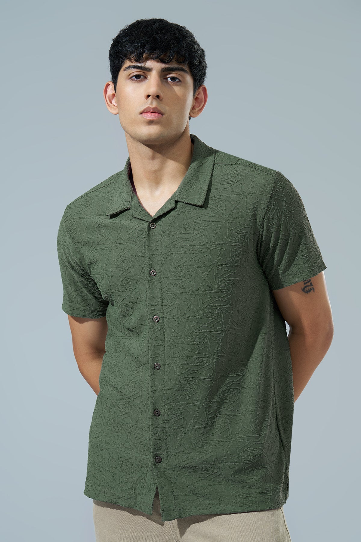 Olive Textured Regular Fit Casual Shirt