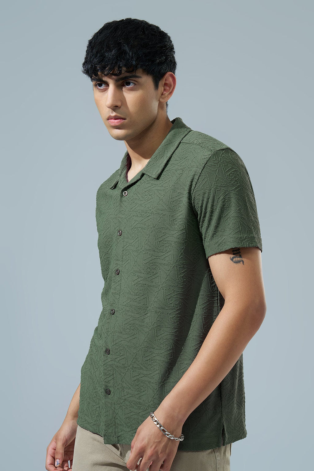 Olive Textured Regular Fit Casual Shirt