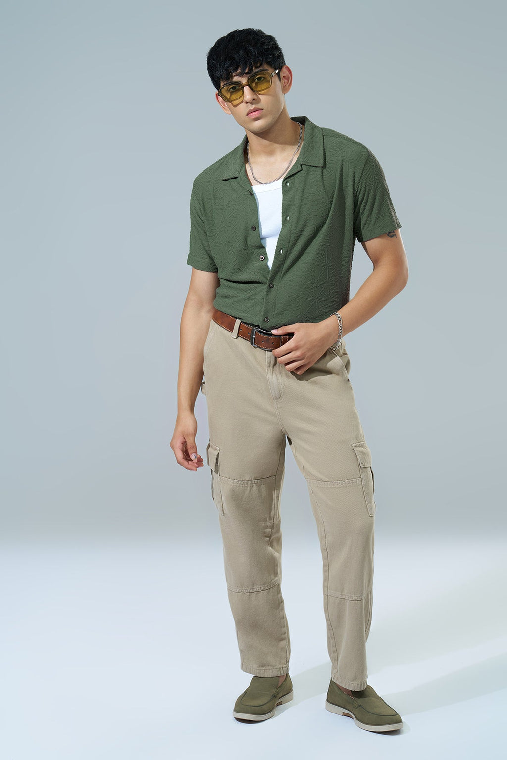 Olive Textured Regular Fit Casual Shirt