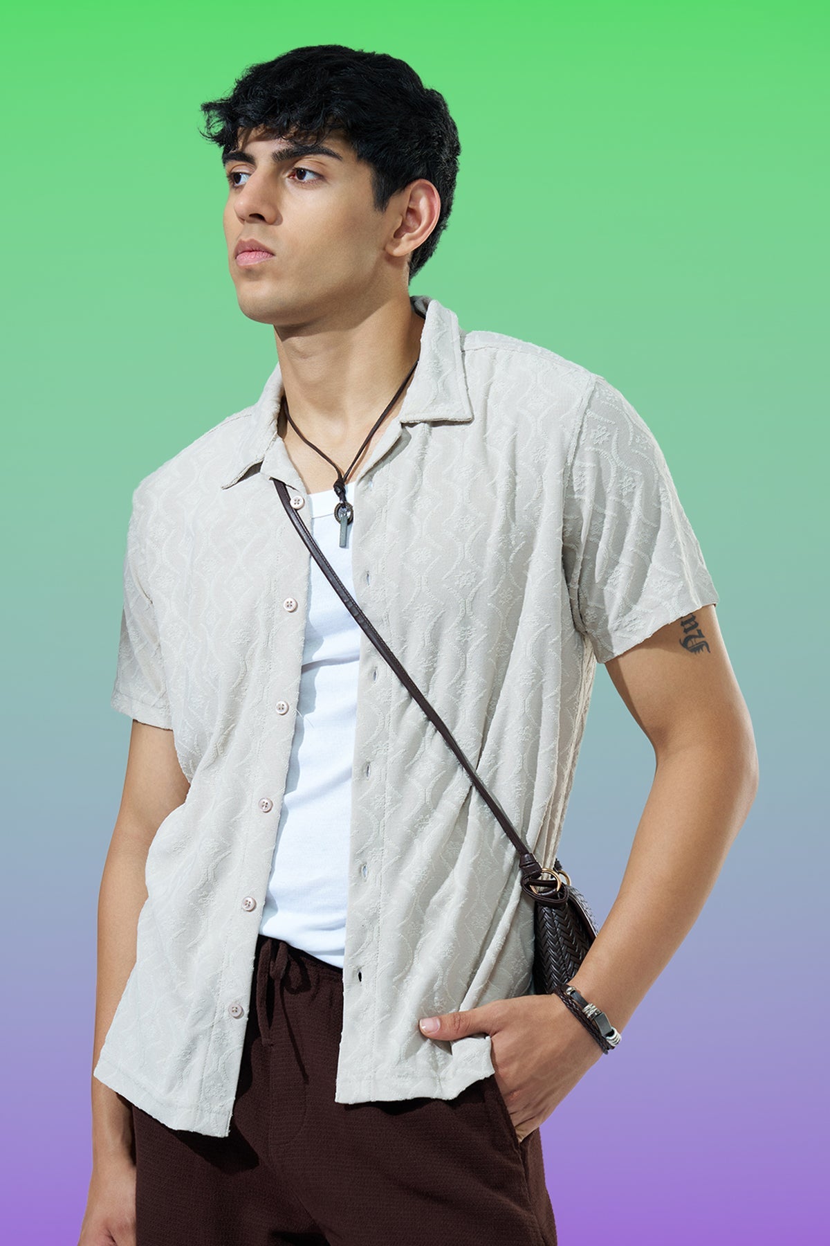 Off White Textured Regular Fit Casual Shirt
