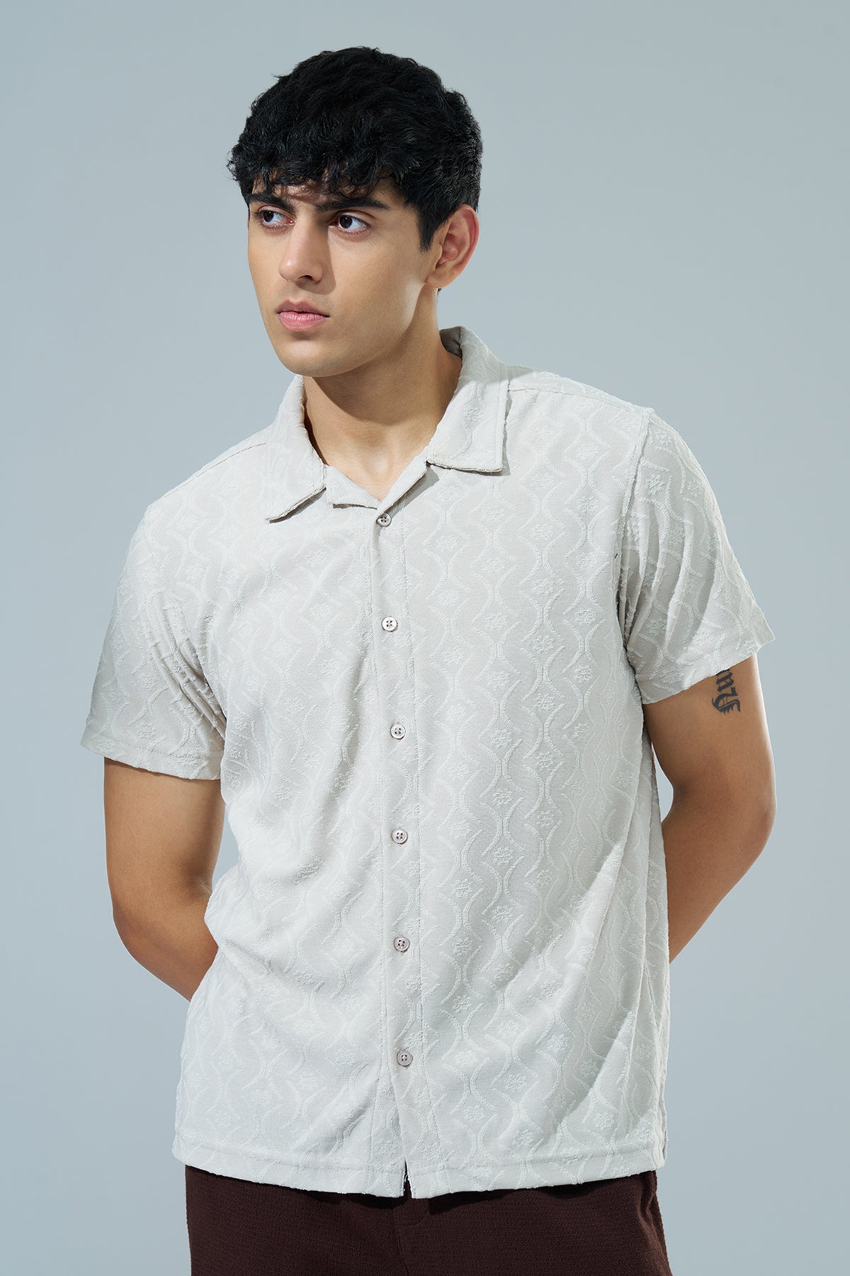 Off White Textured Regular Fit Casual Shirt