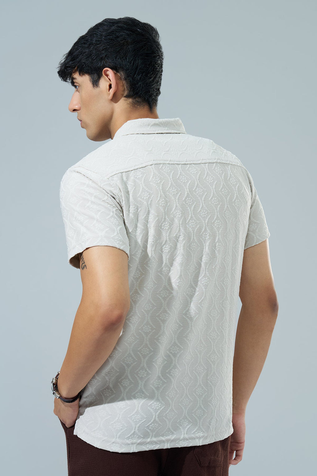 Off White Textured Regular Fit Casual Shirt