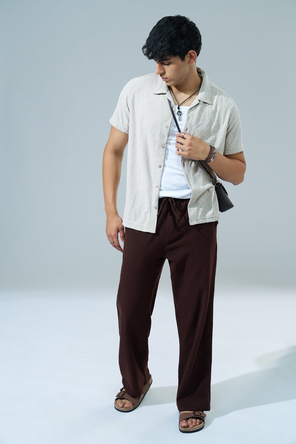 Off White Textured Regular Fit Casual Shirt
