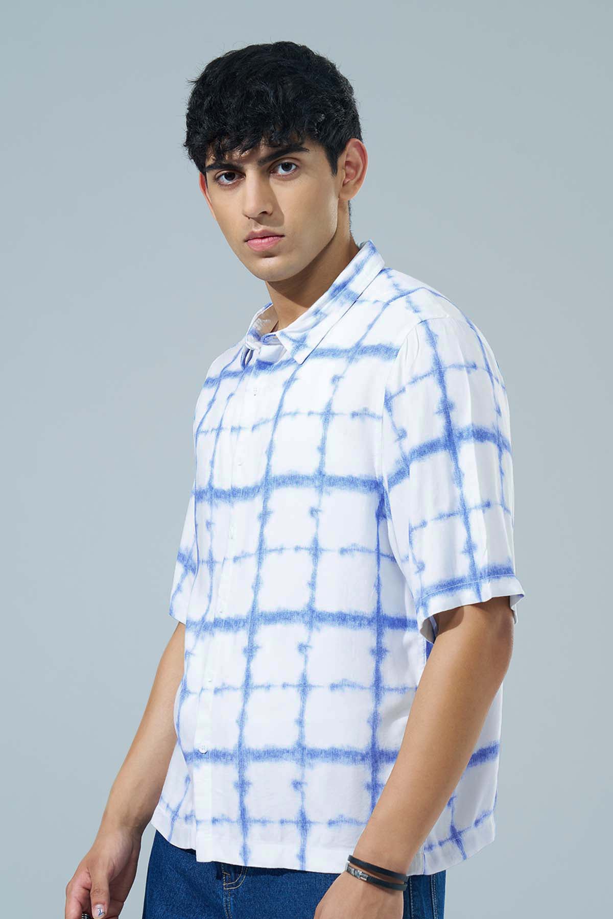 Blue Printed Regular Fit Casual Shirt