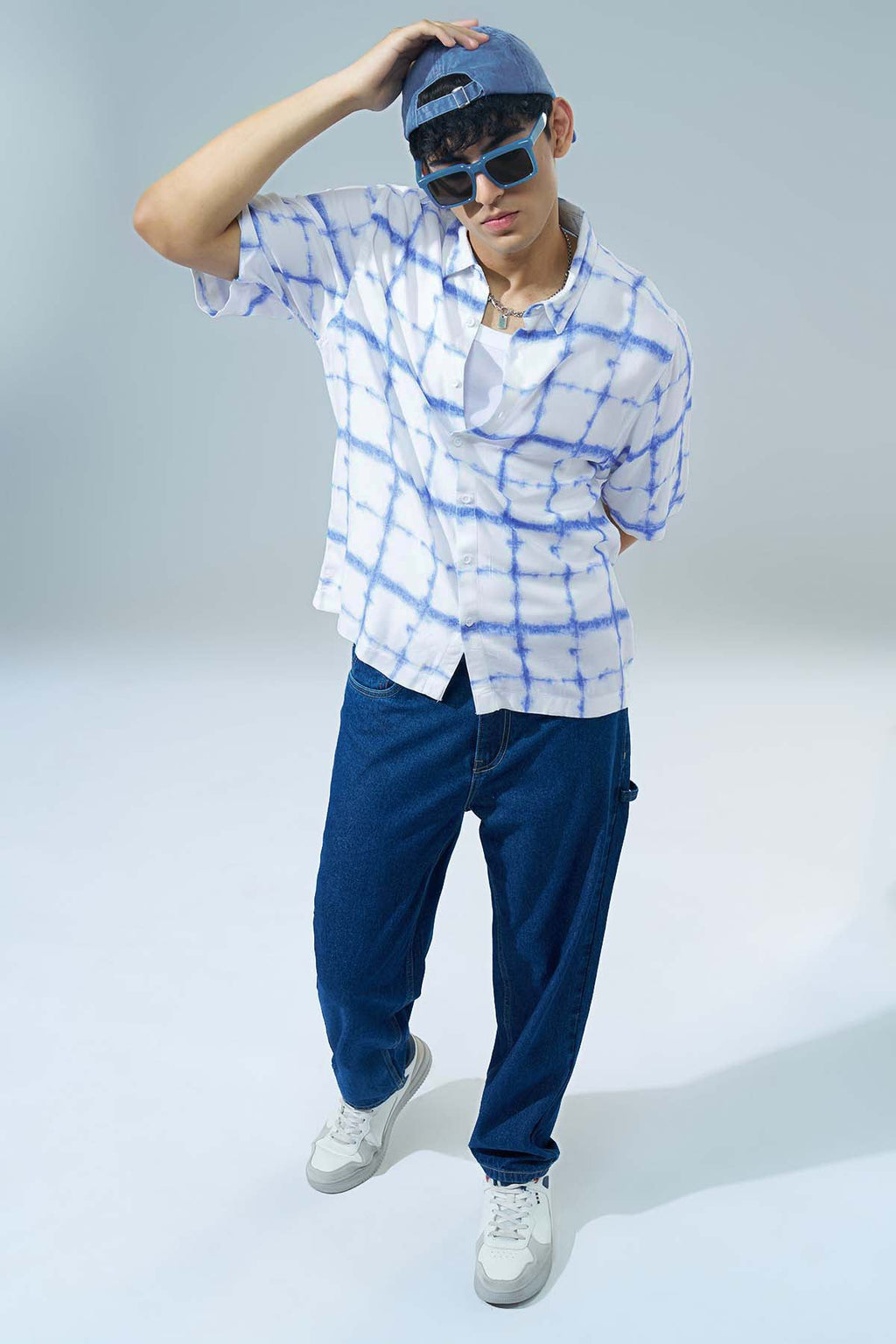 Blue Printed Regular Fit Casual Shirt