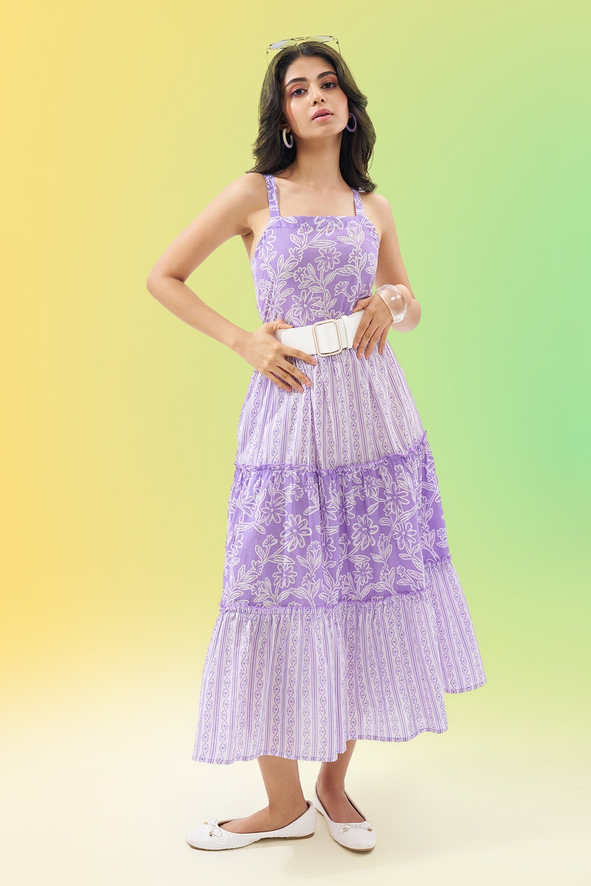 Lilac Printed Sleeveless Tiered Dress