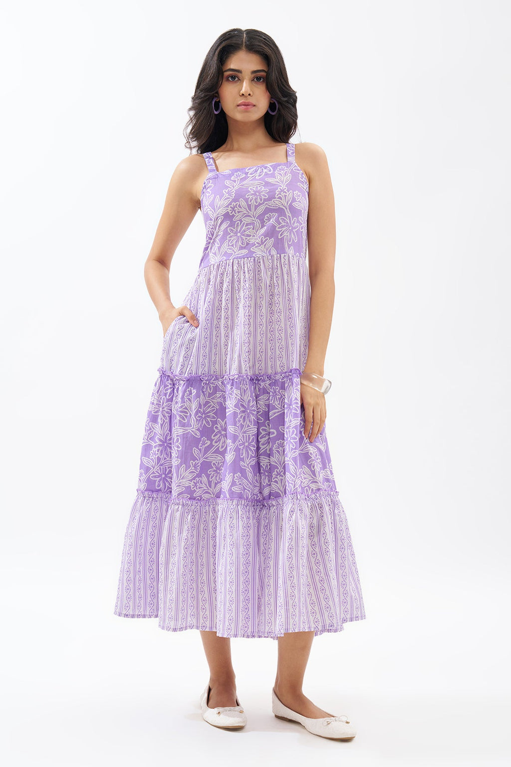 Lilac Printed Sleeveless Tiered Dress