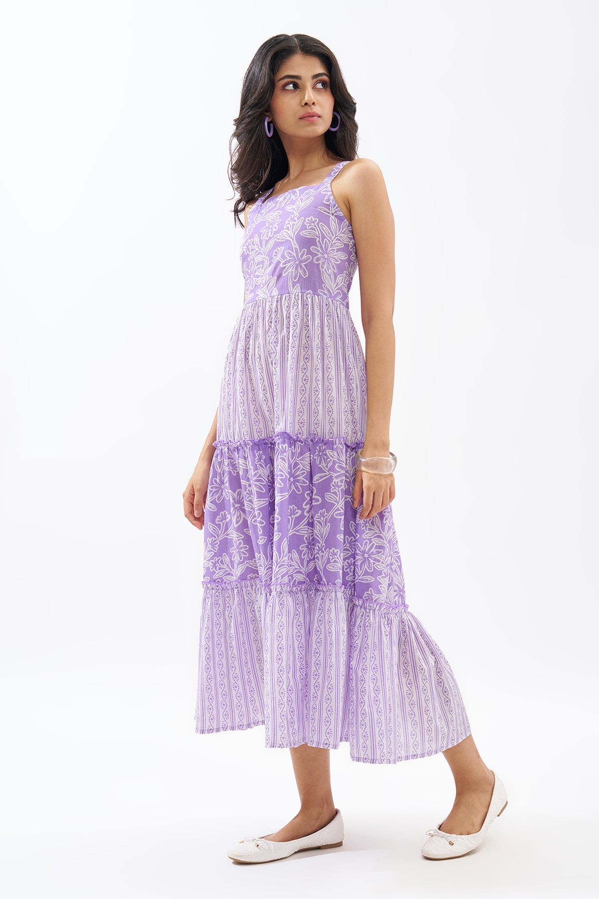 Lilac Printed Sleeveless Tiered Dress