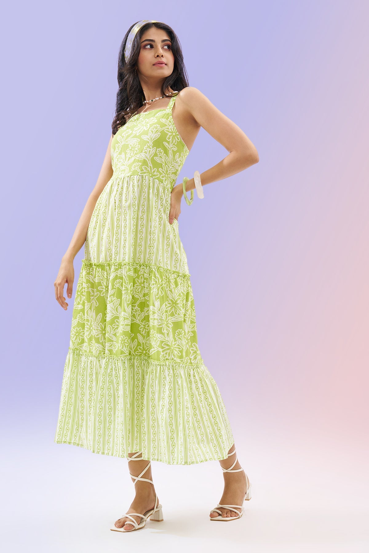 Lime Printed Sleeveless Tiered Dress